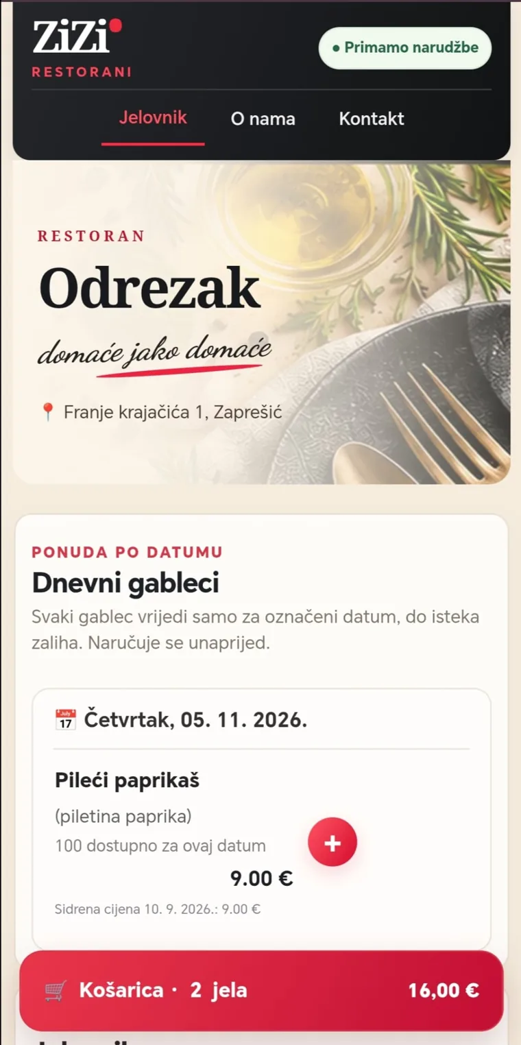 Stvarna snimka ZiZi Restorani mobilne stranice s dnevnim gablecima i crvenom košaricom